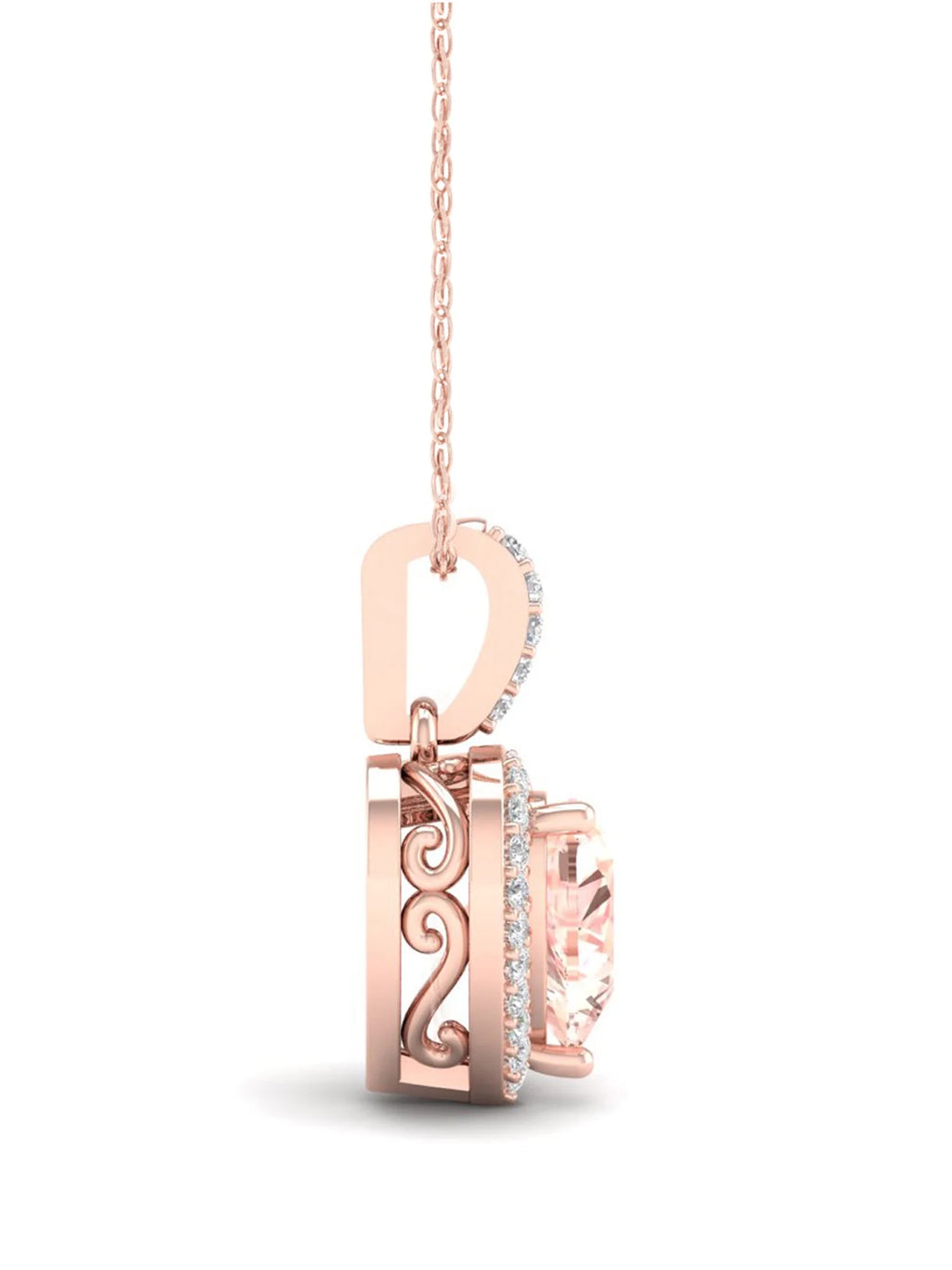 10k Rose Gold Morganite Diamond Halo Pendant Necklace D456