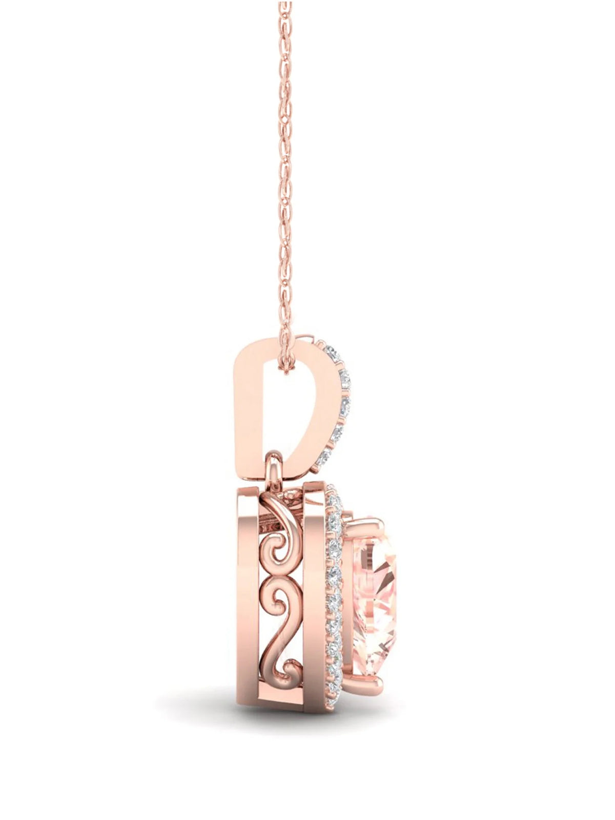 10k Rose Gold Morganite Diamond Halo Pendant Necklace D456