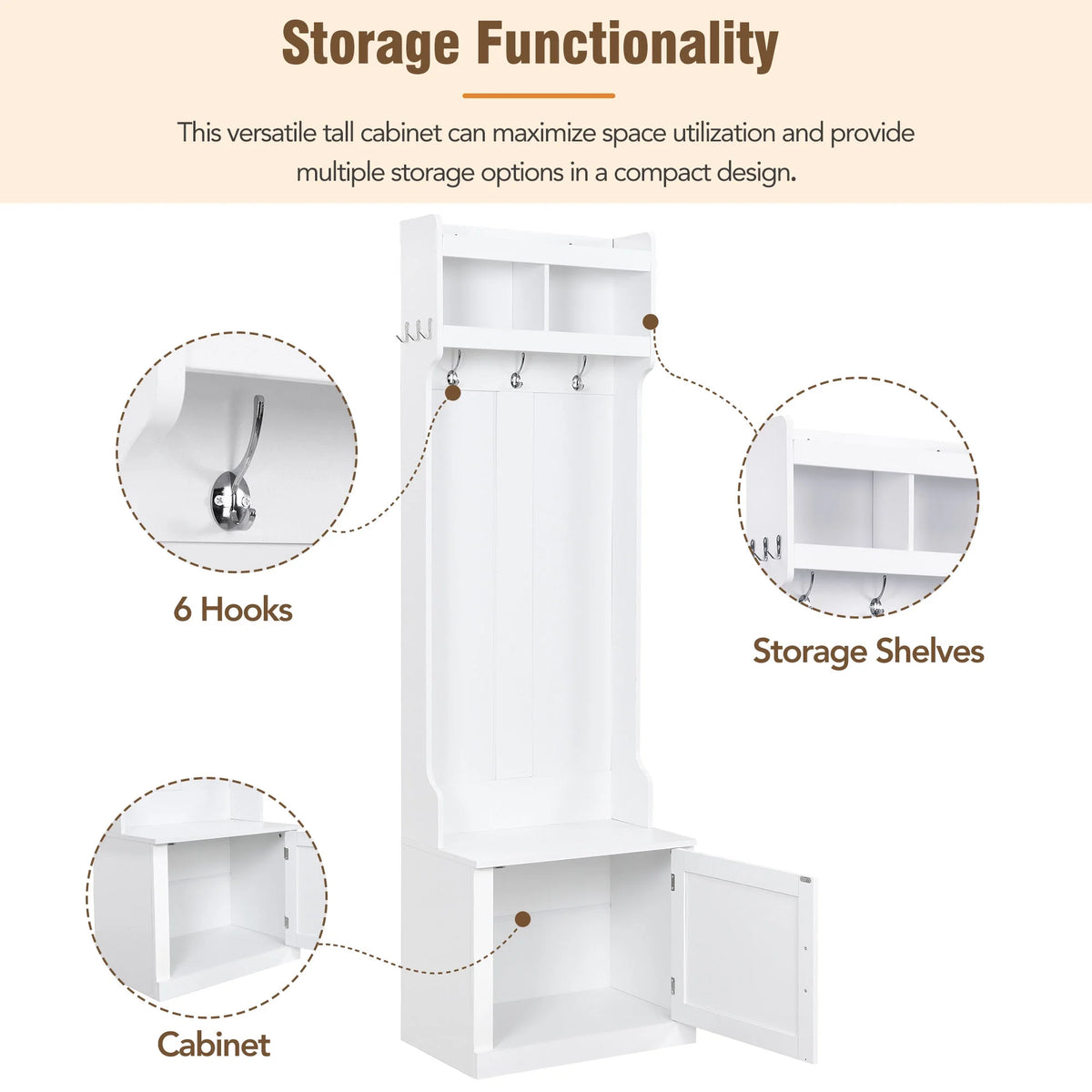 White Slim Hall Tree with Cabinet & 6 Hanging Hooks Storage Bench with Coat Rack C618869