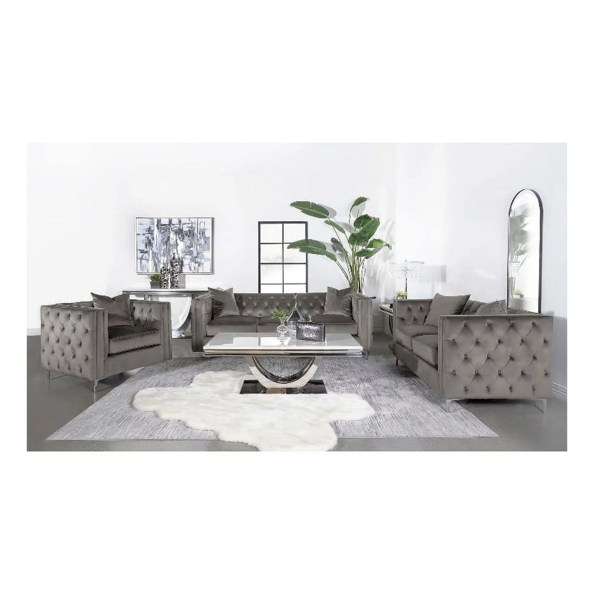 3-piece Velvet Tufted Tuxedo Arms Living Room Set N69249