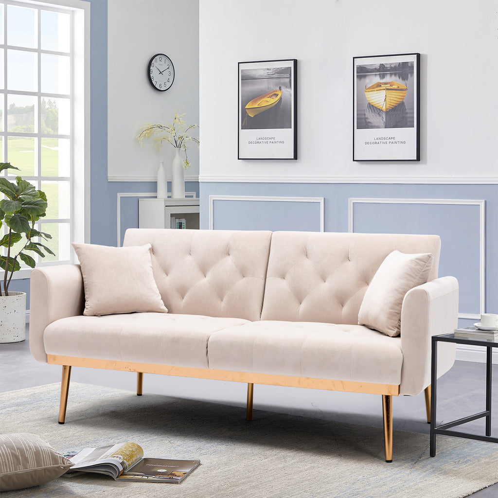 Beige Velvet Futon Sofa Bed with Two Pillows Z773