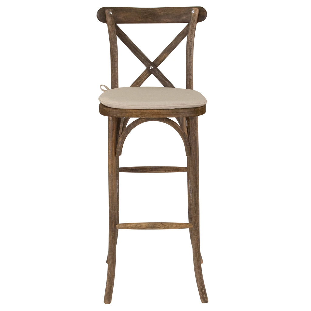 Dark Antique Wood Cross Back Barstool with Cushion T487978