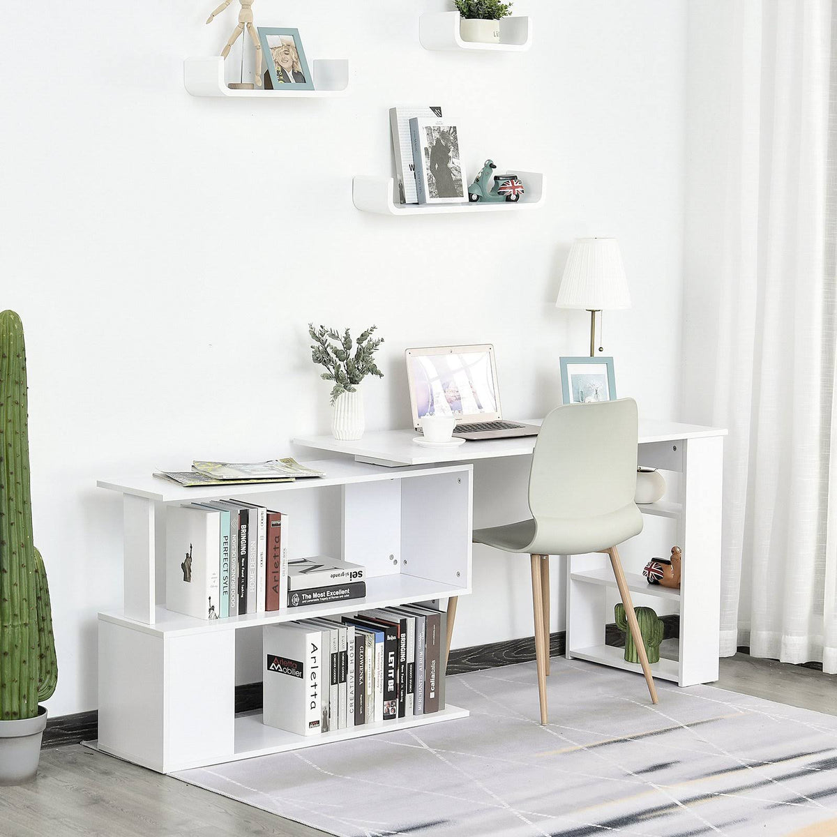 360 Rotating L Shaped Corner Desk with Bookshelves F692828