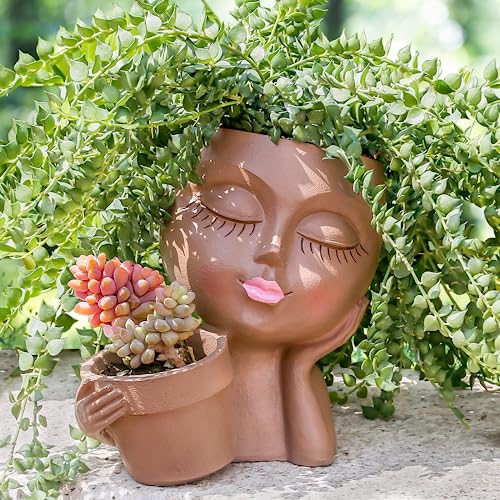 Khaki Lady Face Planter Pot with Drainage Hole Z56420