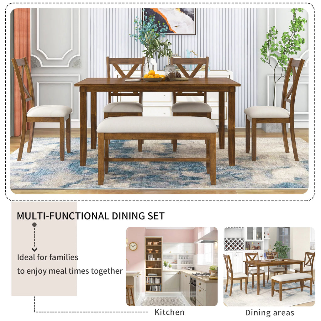 6-Piece Wooden Rectangular Dining Table Set with 4 Fabric Chairs and Bench W866699