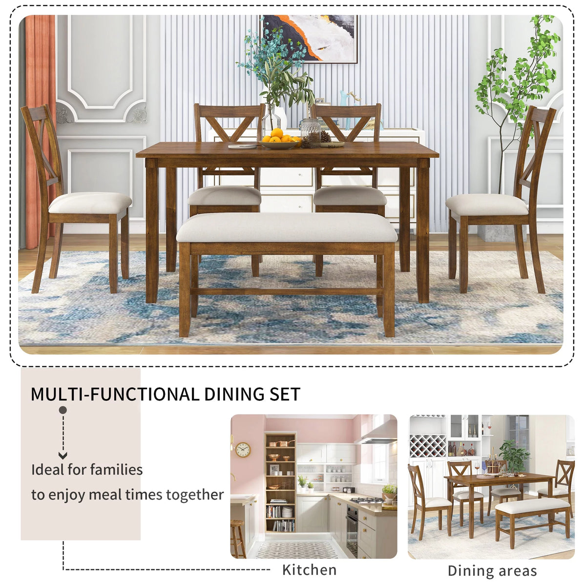 6-Piece Wooden Rectangular Dining Table Set with 4 Fabric Chairs and Bench W866699