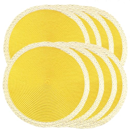 Round Braided Placemats Set of 8, 15 Inches, Washable, Heat Resistant, Non-slip, Black Thin Edge X112723
