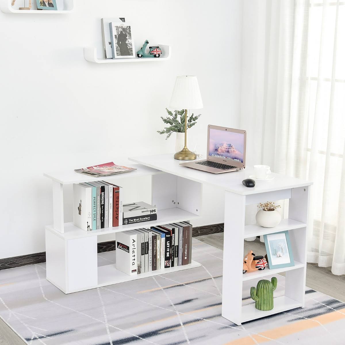 360 Rotating L Shaped Corner Desk with Bookshelves F692828