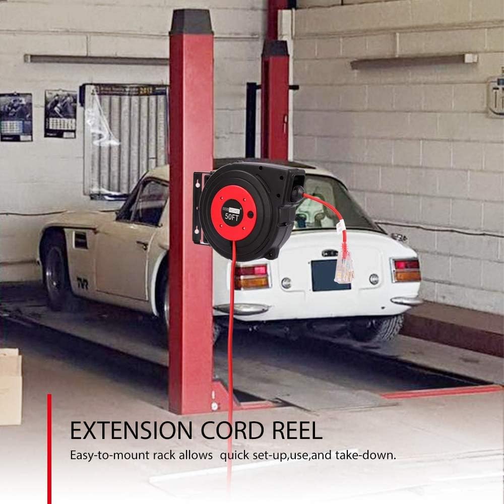 50 Feet Retractable Extension Cord Reel with Swivel Bracket and LED Light Connector K55258