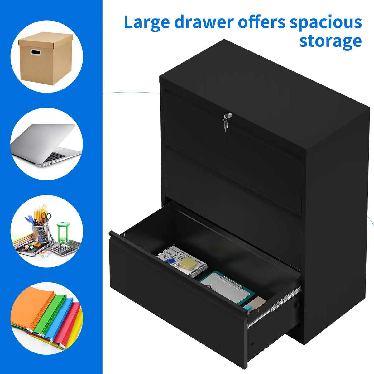 3 Drawer Black Metal Lateral File Cabinet with Lock E4633