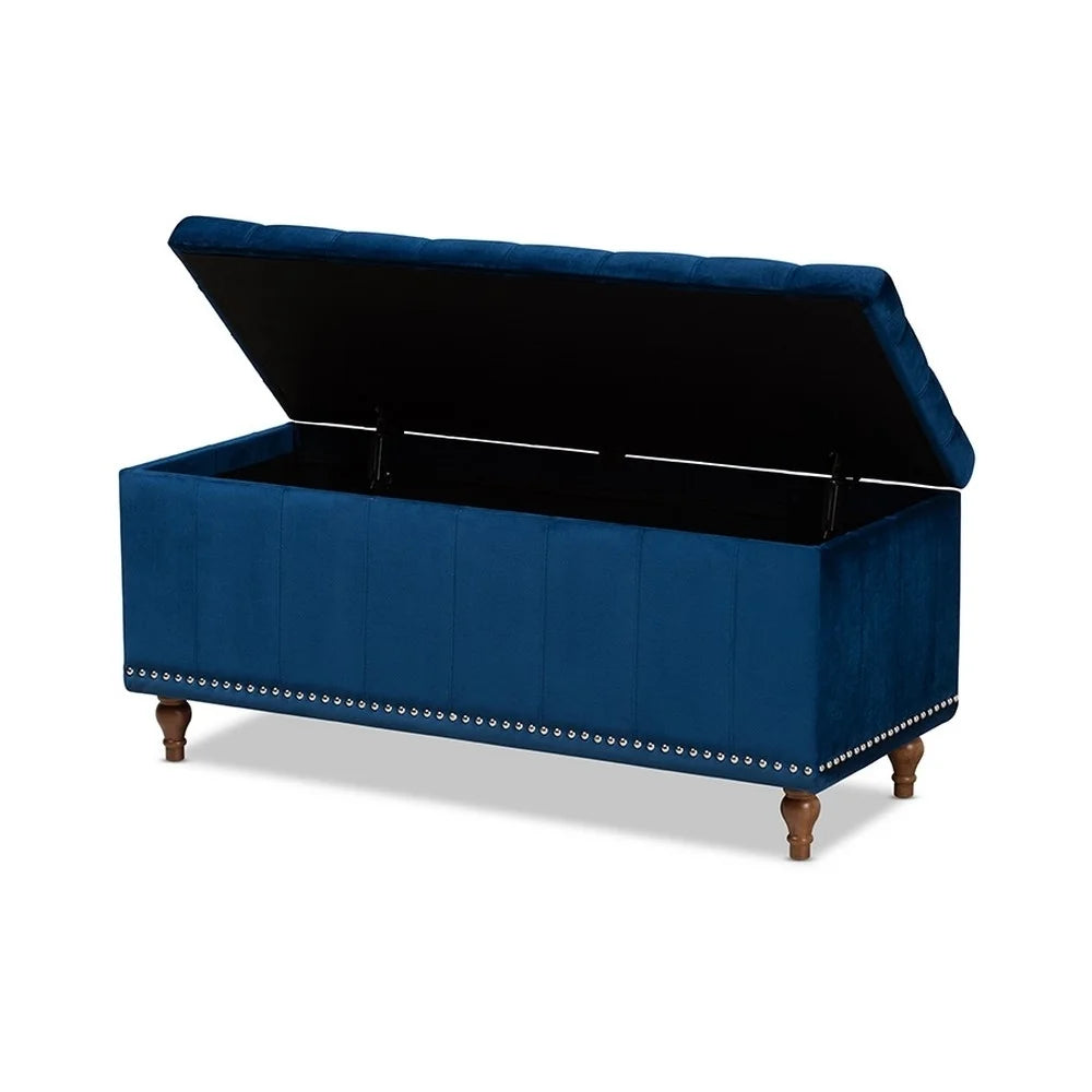 Navy Blue Velvet Button-Tufted Storage Ottoman Bench T5681