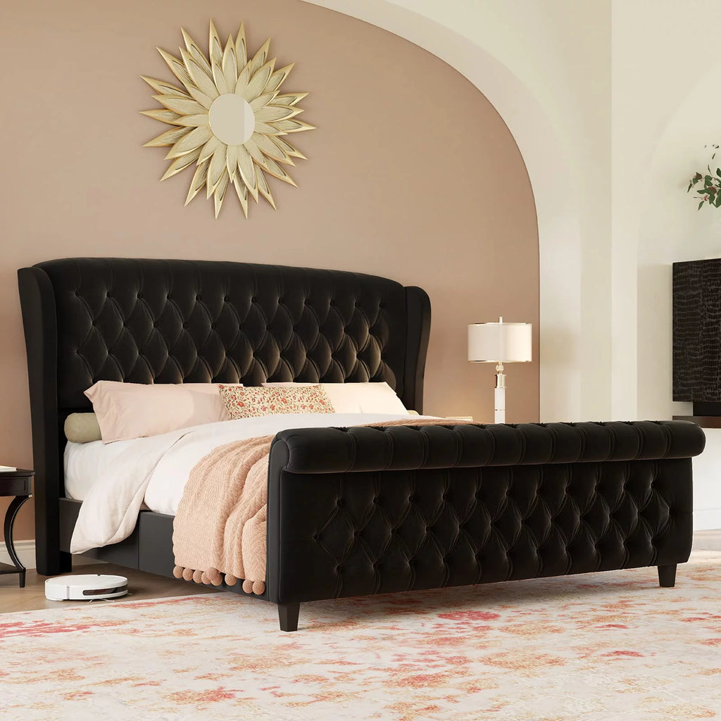 King Size Chenille Upholstered Sleigh Bed Frame P437