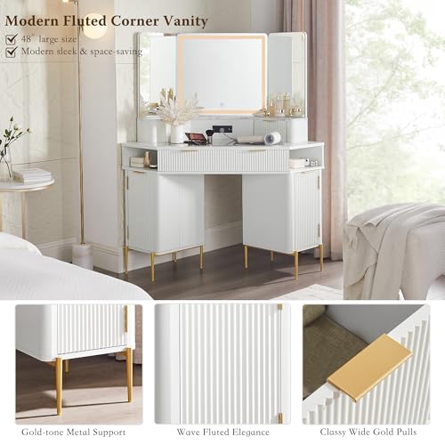 White Corner Vanity Desk with Mirror and Lights, Glass Top, 3 Drawers J111048