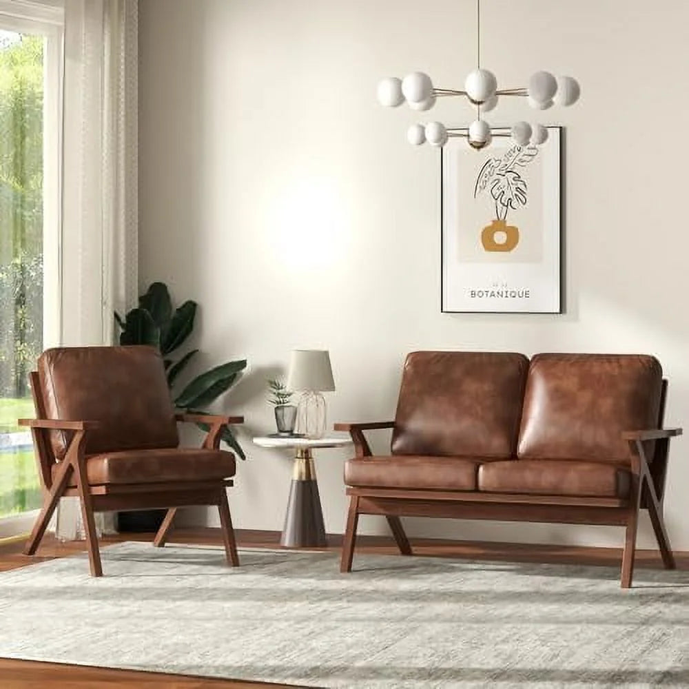 Brown Faux Leather Accent Chair with Wooden Frame F144693