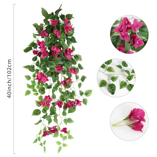 2pcs Artificial Bougainvillea Hanging Flowers 40" Faux Silk Bougainvillea Flower Vines (Rose Red) J563109