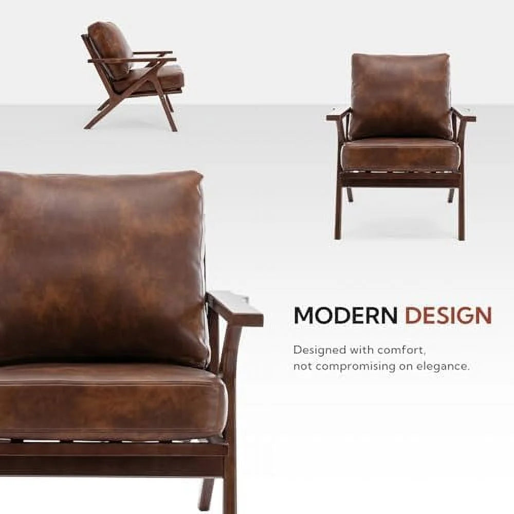 Brown Faux Leather Accent Chair with Wooden Frame F144693
