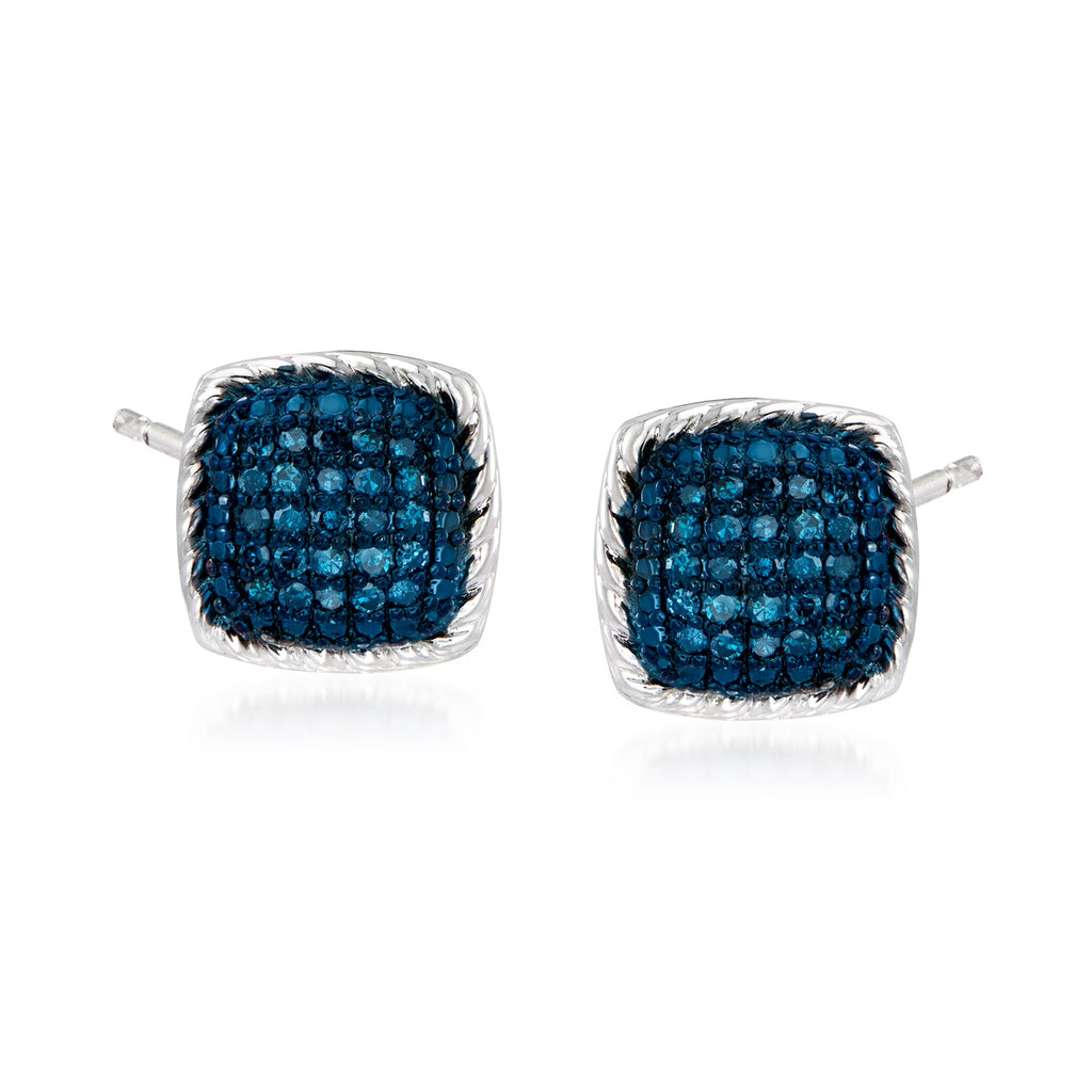 Blue Diamond Square Stud Earrings in Sterling Silver I22596