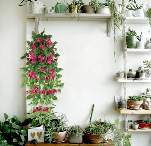 2pcs Artificial Bougainvillea Hanging Flowers 40" Faux Silk Bougainvillea Flower Vines (Rose Red) J563109