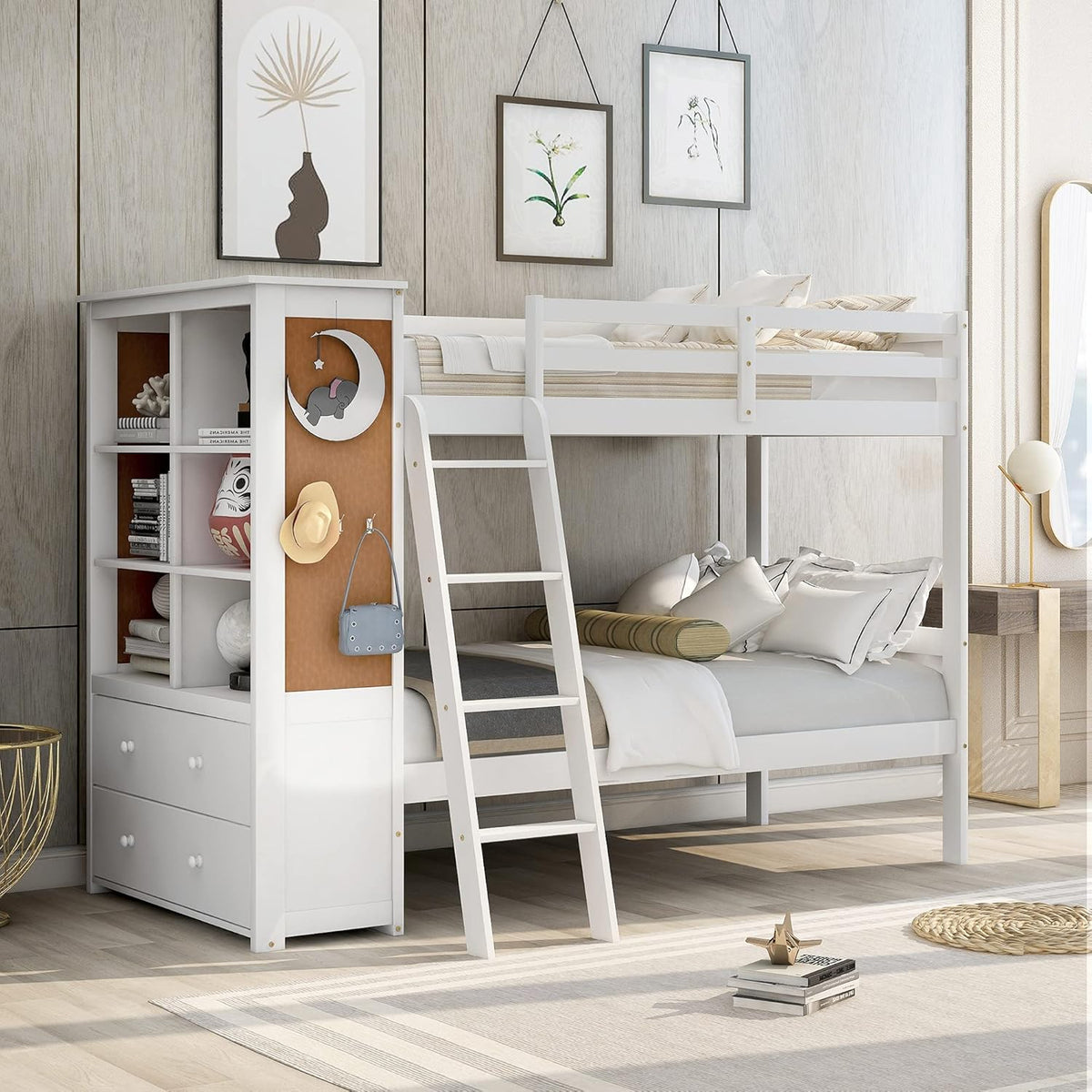 White Solid Wood Twin Over Twin Bunk Bed with Storage Staircase, Slide, and Two Drawers F494