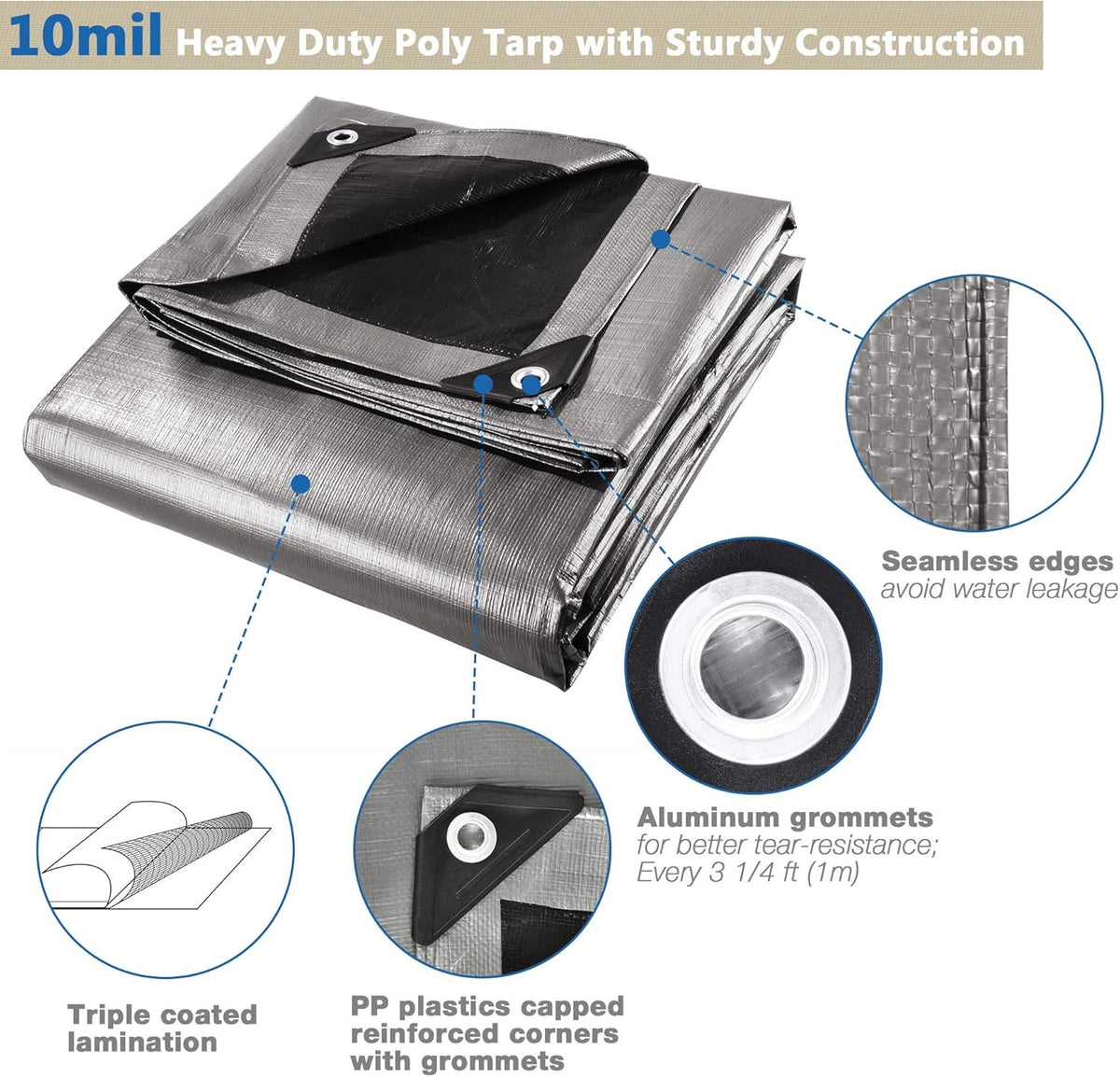 10x12ft Heavy Duty Reinforced Poly Tarp Waterproof Tarpaulin Ground Sheet with Eyelets Pack of 2 B236736