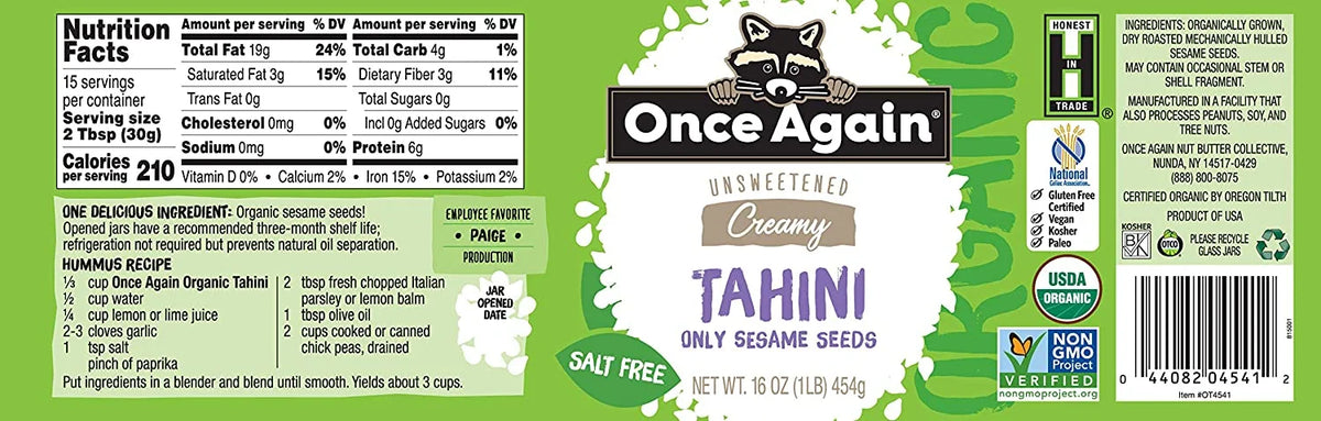 Organic Unsweetened Tahini 16 oz Pack of 2 U865