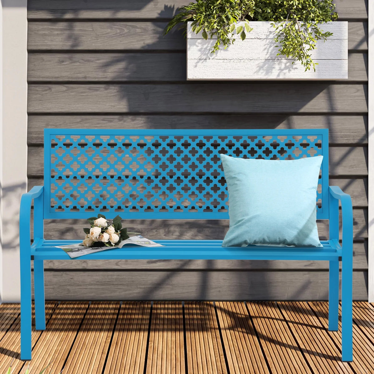 50in Blue Metal Outdoor Garden Bench with Armrest K400