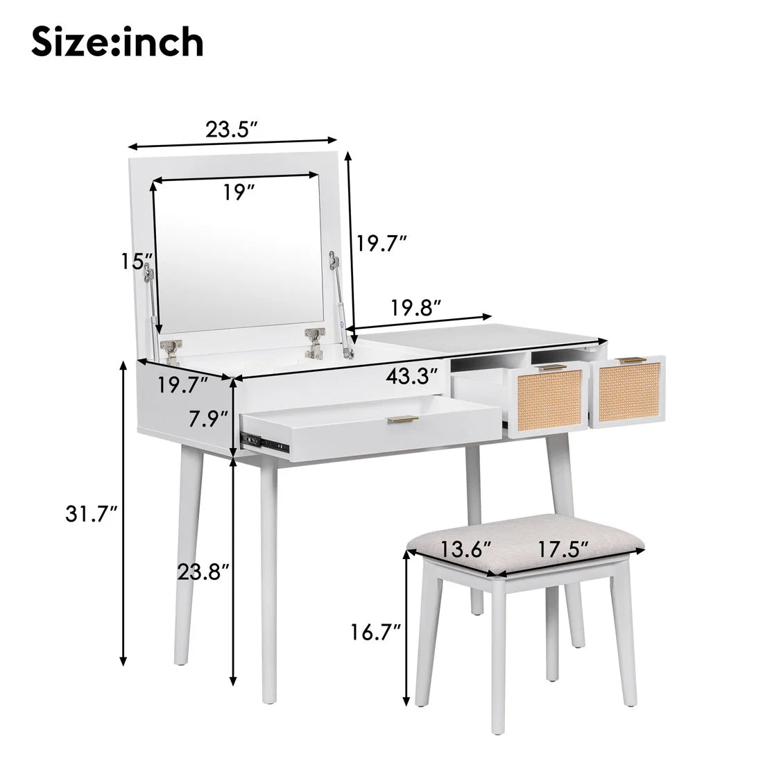 43.3" Wood Makeup Vanity Set with Flip-top Mirror and Stool Q5834