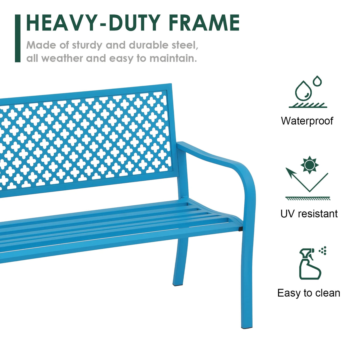 50in Blue Metal Outdoor Garden Bench with Armrest K400