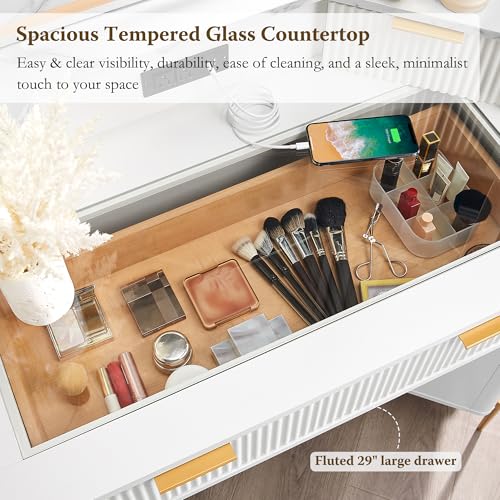 White Corner Vanity Desk with Mirror and Lights, Glass Top, 3 Drawers J111048