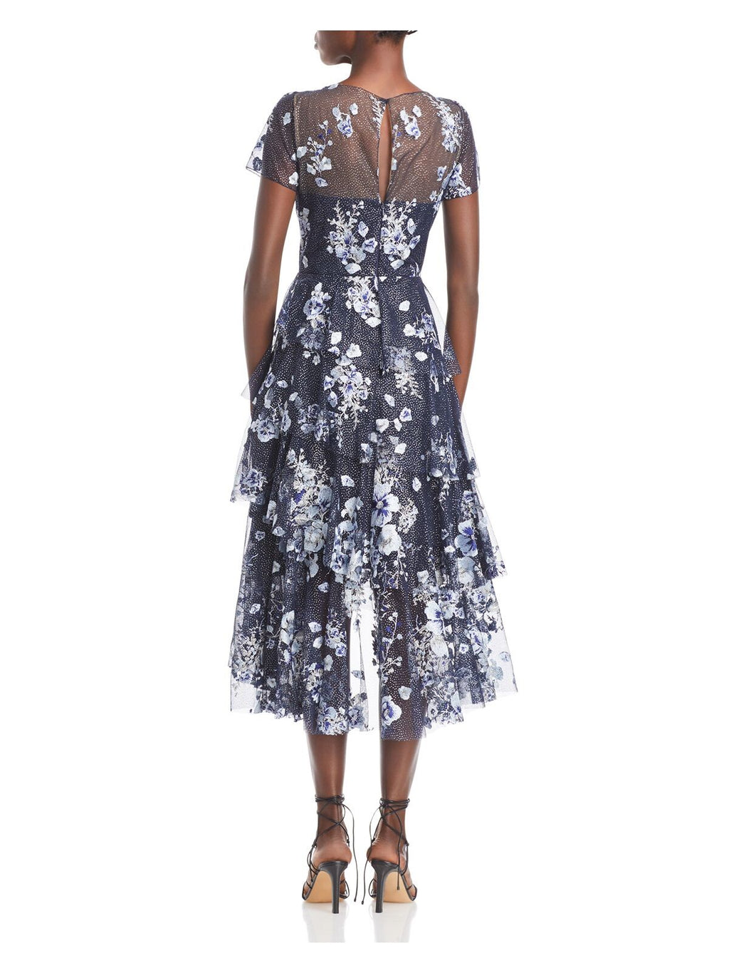 Navy Embroidered Zippered Ruffled Glitter Mesh Floral Short Sleeve Midi Cocktail Dress R768