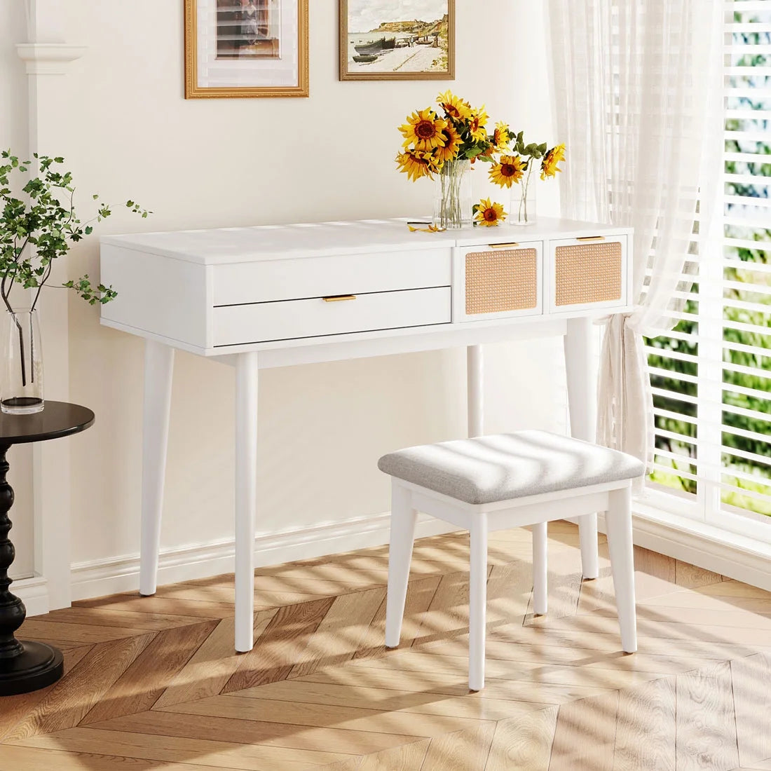 43.3" Wood Makeup Vanity Set with Flip-top Mirror and Stool Q5834