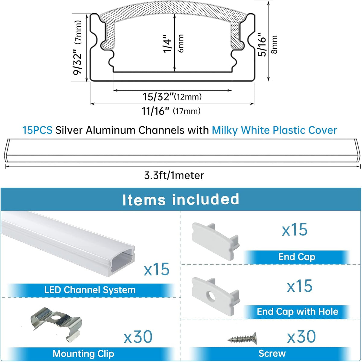 15Pack 3.3FT/1M LED Channel System with Milky White Cover Lens, Silver Aluminum Extrusion Profile Housing Track for Strip Tape Light, U Shape, Pack of 2 R86524