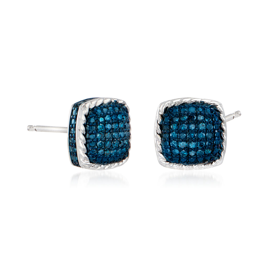 Blue Diamond Square Stud Earrings in Sterling Silver I22596
