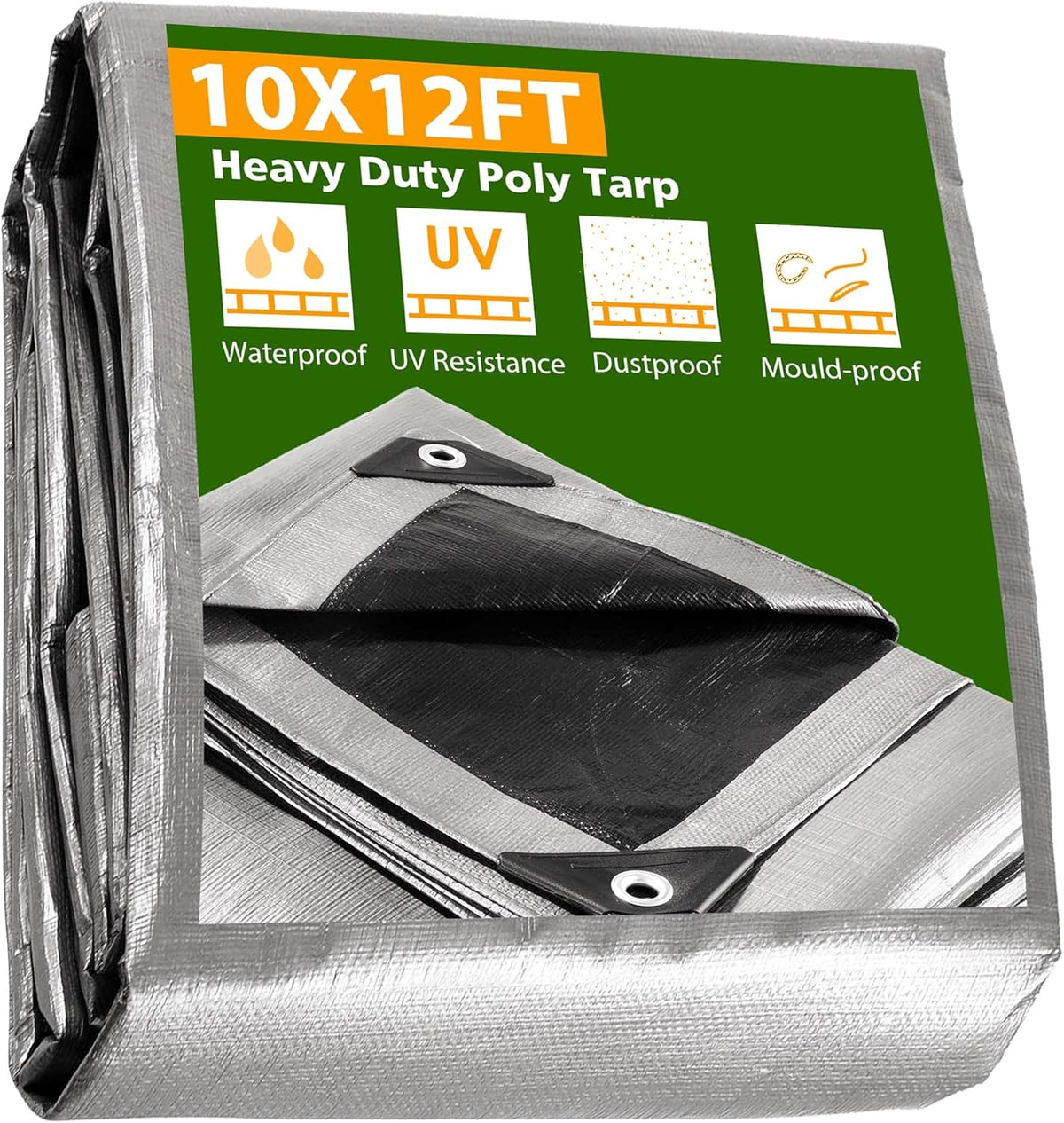 10x12ft Heavy Duty Reinforced Poly Tarp Waterproof Tarpaulin Ground Sheet with Eyelets Pack of 2 B236736