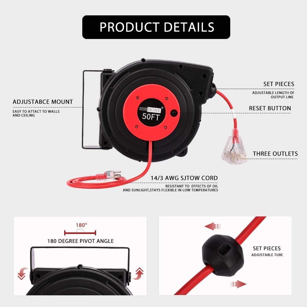 50 Feet Retractable Extension Cord Reel with Swivel Bracket and LED Light Connector K55258