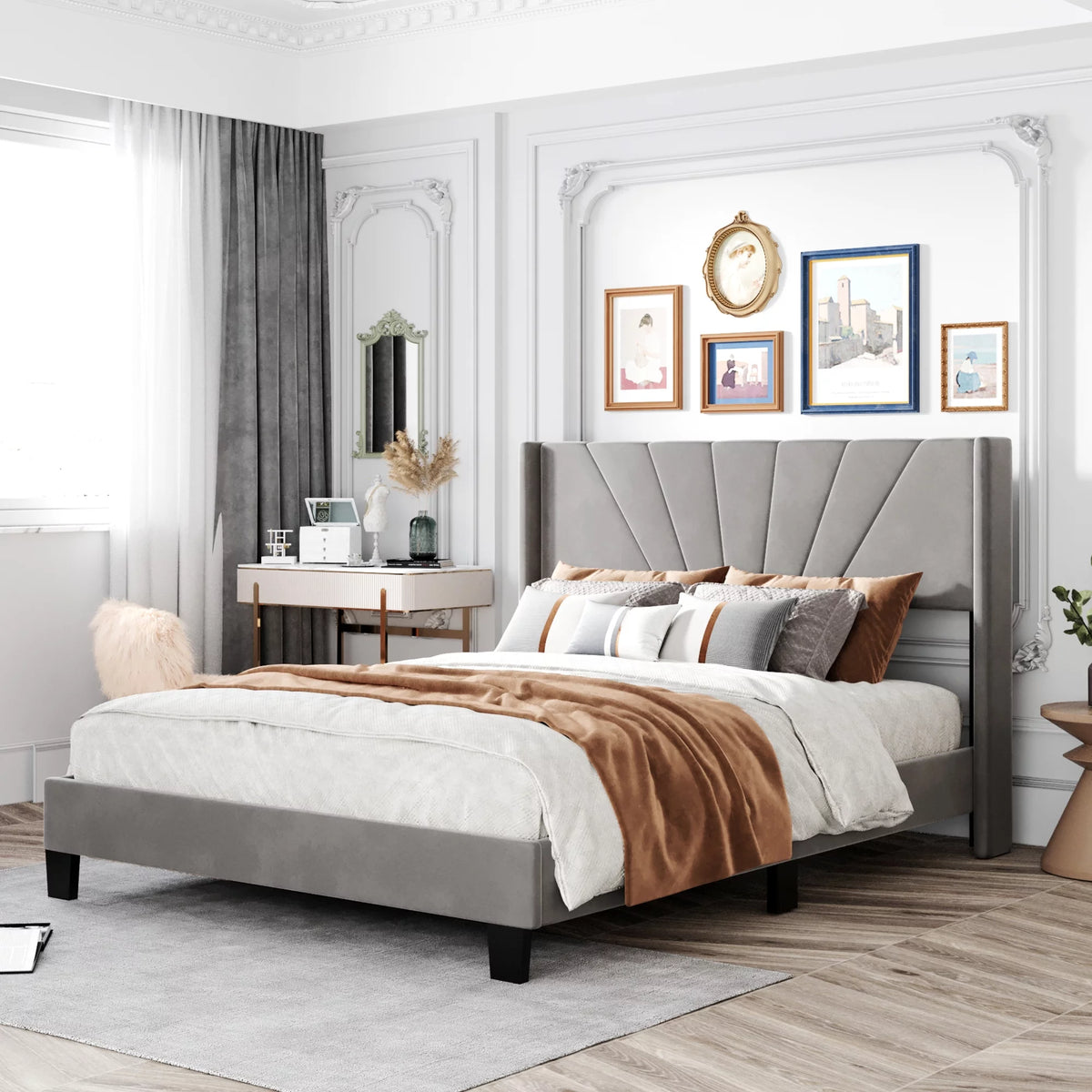 Queen Velvet Upholstered Platform Bed Frame with Headboard P665595