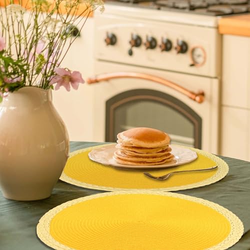 Round Braided Placemats Set of 8, 15 Inches, Washable, Heat Resistant, Non-slip, Black Thin Edge X112723