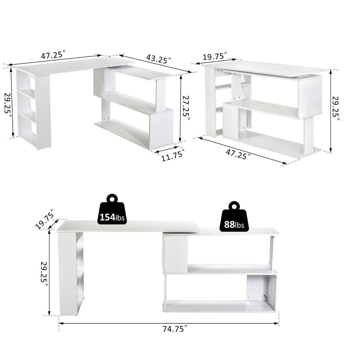 360 Rotating L Shaped Corner Desk with Bookshelves F692828