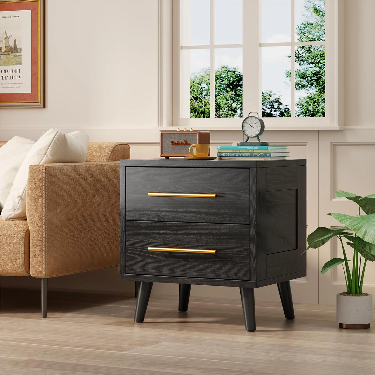 Black 2 Drawer Wood Nightstand L436