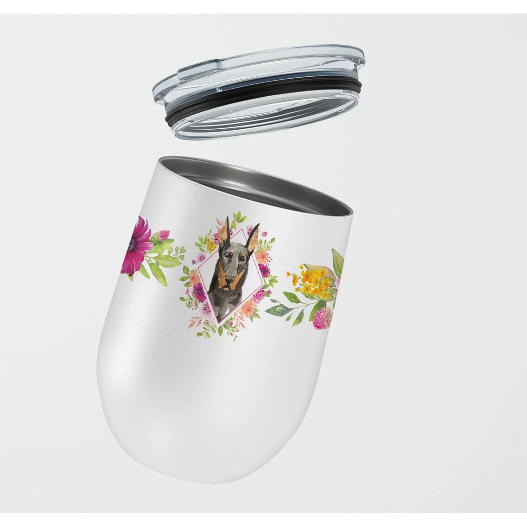 Doberman Pinsher Pink Flowers Stainless Steel 12 oz Stemless Wine Glass S915
