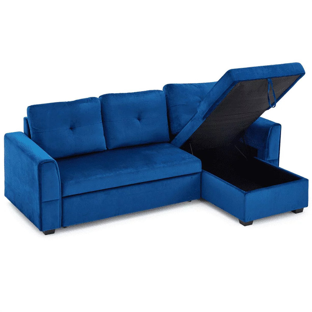 Blue Flannel L-Shaped Sleeper Sofa with Storage Ottoman Y273558