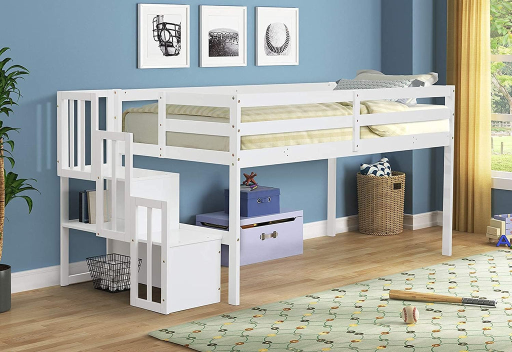 White Solid Wood Twin Over Twin Bunk Bed with Storage Staircase, Slide, and Two Drawers F494