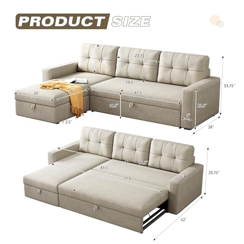Beige L-Shape Sleeper Sectional Sofa with Pull-Out Bed V74765
