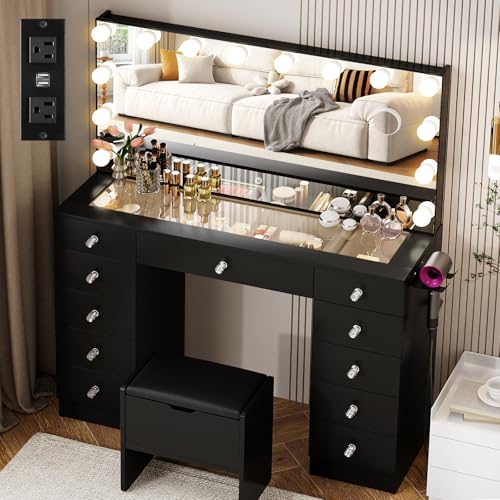 White Glass Top Makeup Vanity Desk with Lighted Mirror and 11 Drawers C764