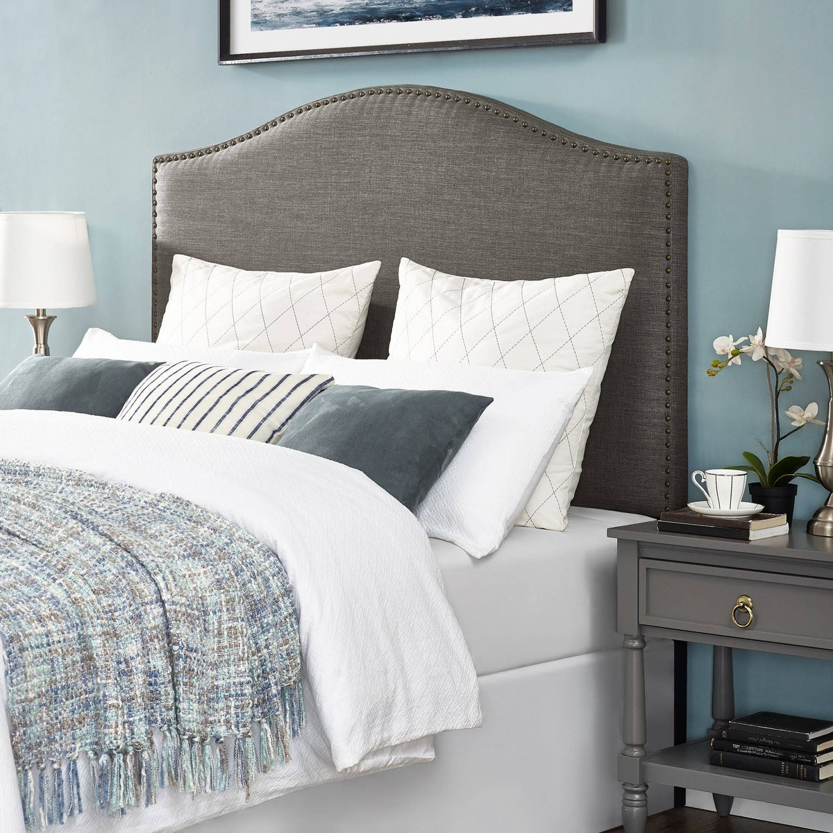 Gray Upholstered Camelback Full Queen Panel Headboard V98550