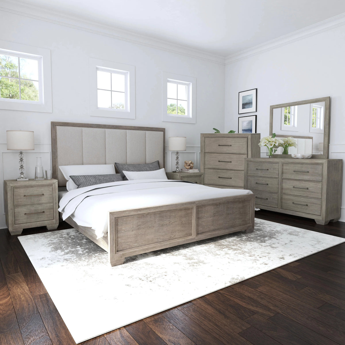 Gray Wood Queen Bedroom Set with Dresser, Mirror, Nightstand, and Chest E93046