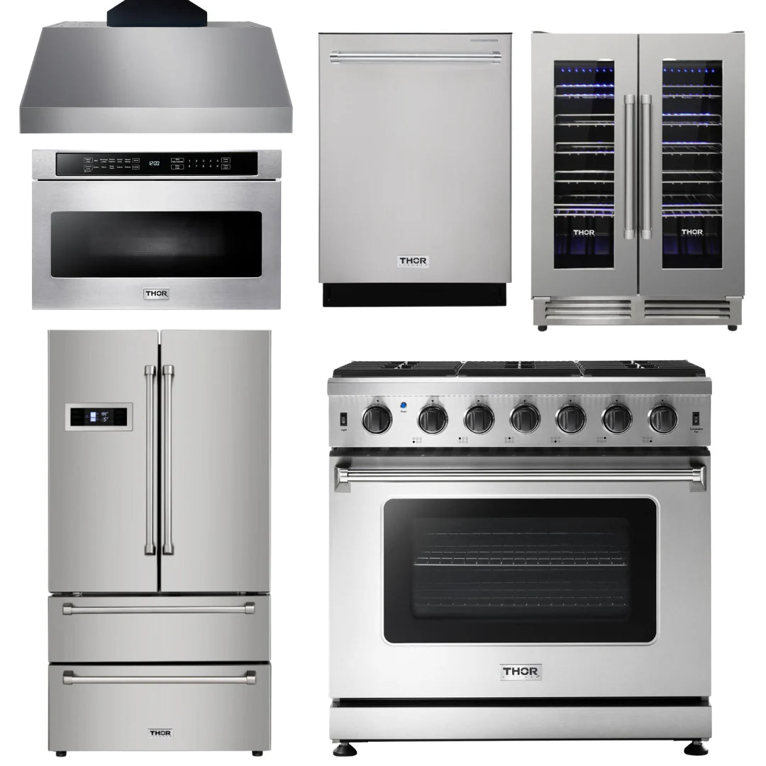 36 Propane Gas Range, Range Hood, Microwave, Refrigerator, Dishwasher, Wine Cooler Q595