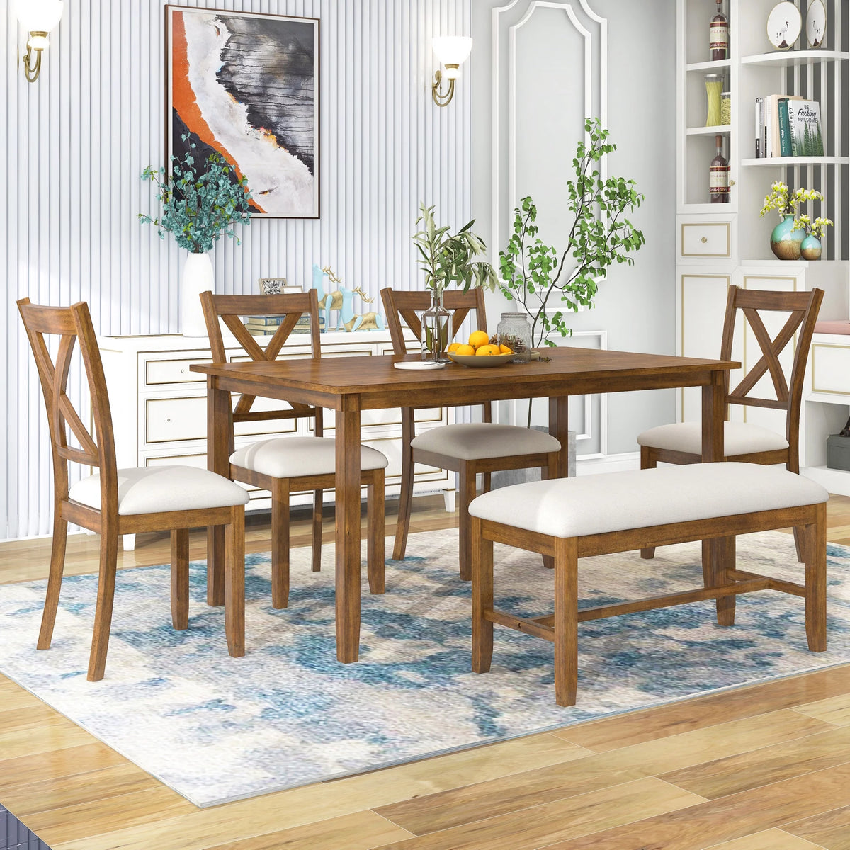 6-Piece Wooden Rectangular Dining Table Set with 4 Fabric Chairs and Bench W866699