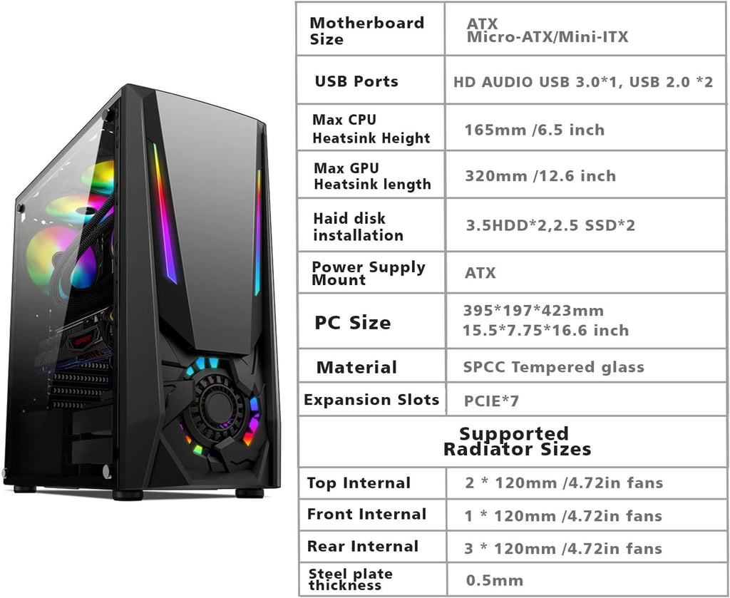 Mid Tower Desktop PC Gaming Computer Case with 5pcs 120mm ARGB Fans Tempered Glass Side Panels Black I315