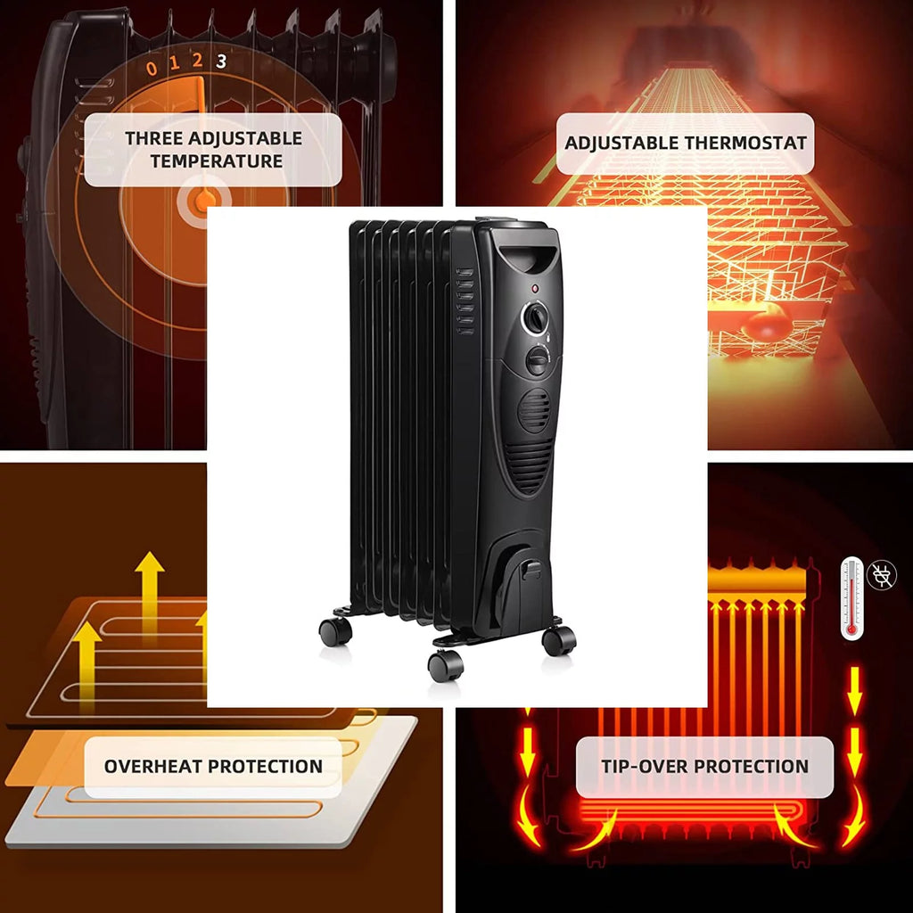 Oil Filled Radiator Heater with 3 Heat Settings, Adjustable Thermostat, Overheat & Tip-Over Protection (Black) H3136